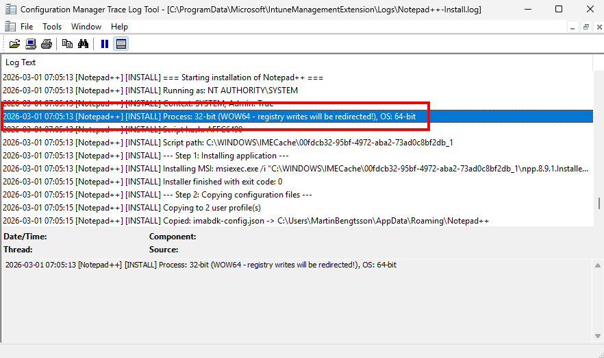 mwbengtsson's tweet photo. ⚠️ Heads up! The "Run script as 32-bit process on 64-bit clients" toggle doesn't seem to have any effect when using the PowerShell script installer for Win32 apps in Microsoft Intune. Scripts always run as a 32-bit process.

I added some logging to confirm:

• [Environment]::Is64BitProcess consistently reports False

• [Environment]::Is64BitOperatingSystem reports True

• Result: "Process: 32-bit, OS: 64-bit" with the toggle both on and off

The practical impact is that any HKLM:\SOFTWARE writes silently land in HKLM:\SOFTWARE\WOW6432Node due to WOW64 registry redirection.

Has anyone else noticed this?

#msintune #intune #microsoft #powershell