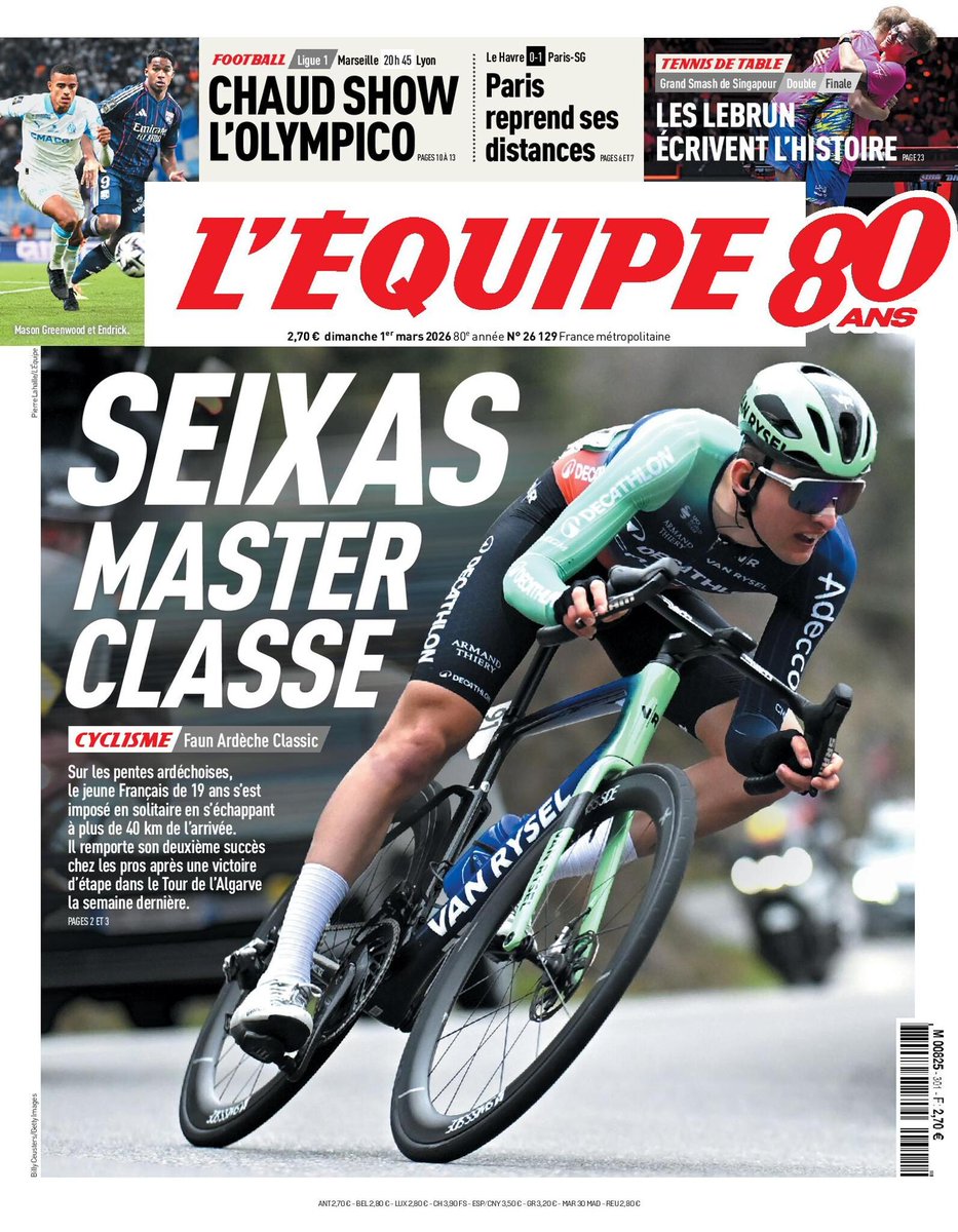 And it happened: Paul Seixas got his front page in L'Equipe after yesterday's masterclass raid. 👍🏻🇫🇷
#BDA26