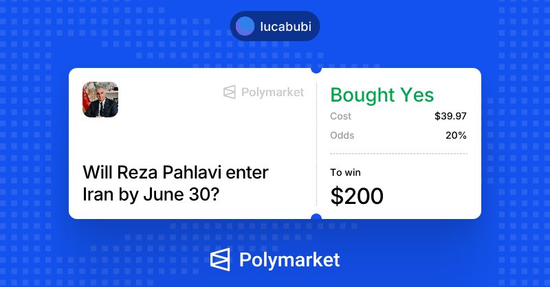 luca_bubi's tweet photo. Lately I’ve been following Iran very closely. I believe Reza Pahlavi will go back to Iran by June 30. I know he’s said it before, but this time feels different.

It already gained +100% but there’s a lot more to earn!
⬇️ Reasons in the comments ⬇️

#Polymarket #PredictionMarkets https://t.co/7bcvFSqW2N