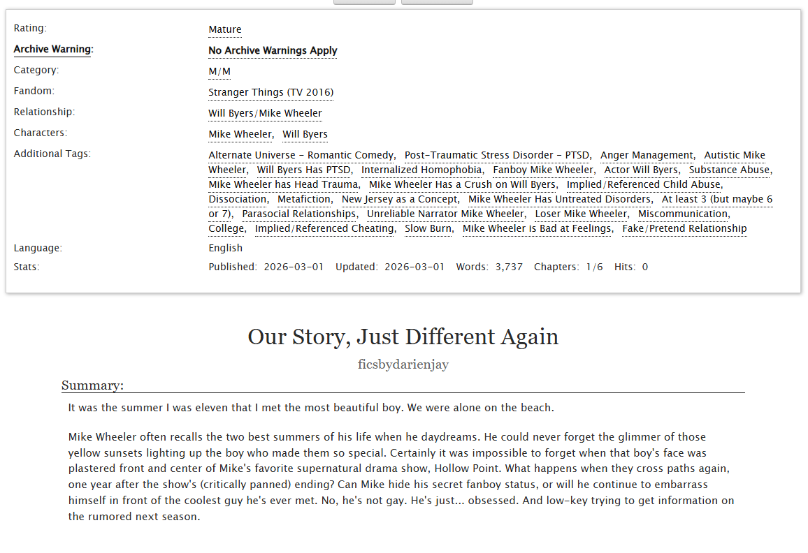 Here is the first chapter of Our Story, Just Different Again - a Stranger Things 2010's AU. BYLER. 💙💛 Fanboy!Mike x Actor!Will.  PLEASE READ THE TAGS AND NOTES. archiveofourown.org/works/80334071