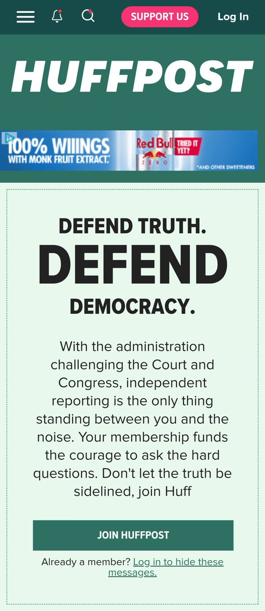 Hey <a href="/HuffPost/">HuffPost</a>, you say "independent reporting is the only thing standing between you and the noise," but your "unbiased lens" seems to filter everything into a single perspective. Defending democracy requires reporting on the whole spectrum, not just your preferred tint.  ⬇️