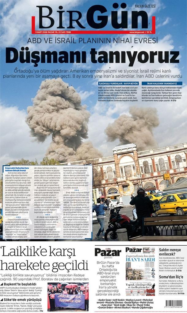 Düşmanı tanıyoruz
Ortadoğu’ya ölüm yağdıran Amerikan emperyalizmi ve siyonist İsrail rejimi kanlı planlarında yeni bir aşamaya geçti. 8 ay sonra yine İran’a saldırdılar. İran ABD üslerini vurdu
birgun.net/haber/haydutla…
Bugünün gazetesi