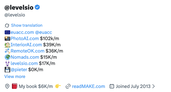 pretty impressive how levelsio is literally just 1 guy making 200k/m from his websites

honestly inspiring af