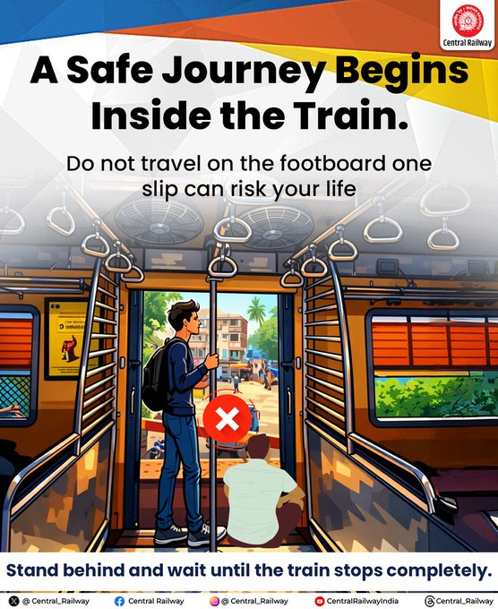 drmmumbaicr's tweet image. A safe journey begins with responsible choices.
Do not stand on the footboard; one small risk can lead to a serious accident. 

🙏 Stay inside the coach while travelling. 🙏

Let’s make every journey safer for ourselves and fellow passengers. 

#FootboardTravel #PassengerSafety