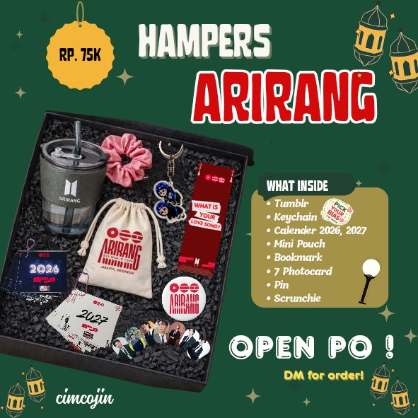 cimcojin's tweet photo. Bismillah
Comeback BTS di momen Idul Fitri…

Army pasti saling kirim kebahagiaan 🥹💜

Buat Army yg mau kirim hampers ke bestie, mutual, diri sendiri,
ini momen yg pas banget ✨

🎁 Hampers ARIRANG — Rp 75K
⏰ PO dibuka 3 hari aja
📍Bandung

DM to order!
#BTS #ARIRANG #ARMY https://t.co/fMuKg5Q1eX