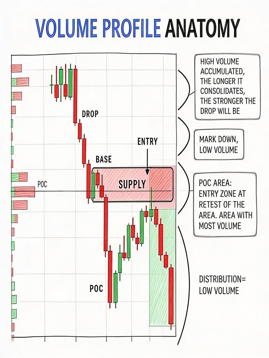 Volume Profile setup: · Price drops, then forms a high-volume base (POC ...