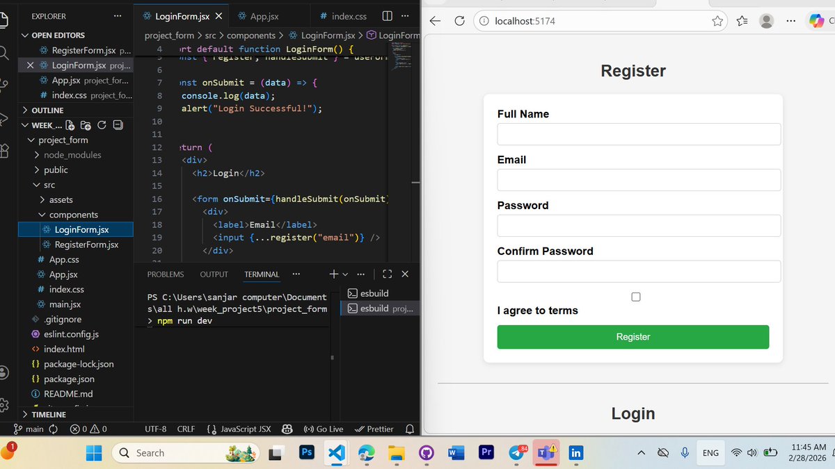 marjanhabibi90's tweet photo. Week 5 ✅
Built a Register Form with React Hook Form + Yup 🔥
Validation, confirm password & checkbox all working! 🚀#ReactJS #ReactHookForm #Yup #Frontend #CodingJourney
@E_Ehrari
@f_forough
@CodeToInspire https://t.co/arR4r0Q4AI