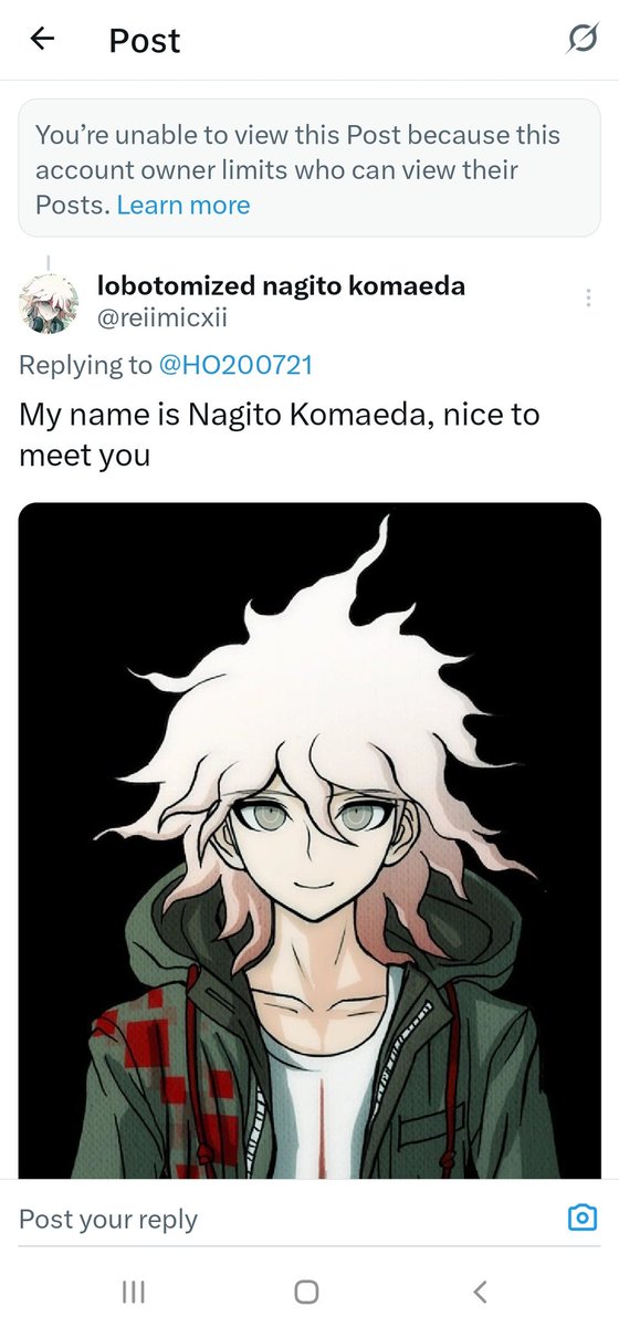 nagito komaeda scared someone into privating their twitter and i think thats beautiful