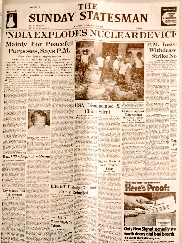 1974 :: India Explodes Nuclear Device 

Mainly For Peaceful Purposes Says P.M Indira Gandhi

USA Disappointed &amp; China Silent