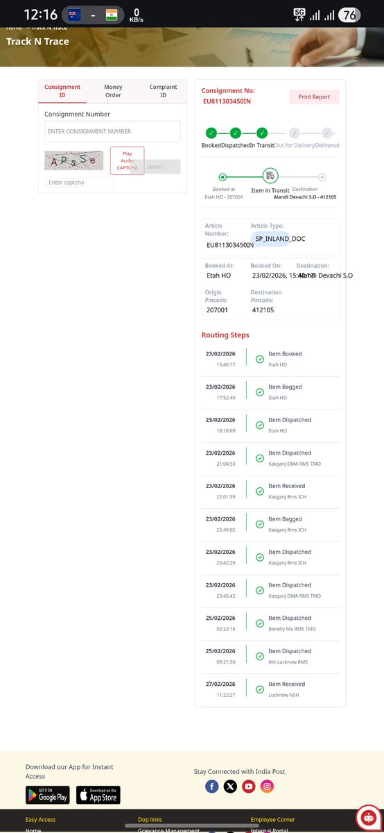 hinduraj28's tweet photo. @IndiaPostOffice @JM_Scindia 
Highly disappointed. My Speed Post has been lying in Lucknow for 4 days despite being marked urgent. The receiver needs it immediately. Please escalate and ensure delivery at the earliest.
How is this a speed post?
Tracking No: EU811303450IN https://t.co/QLTClAQorX