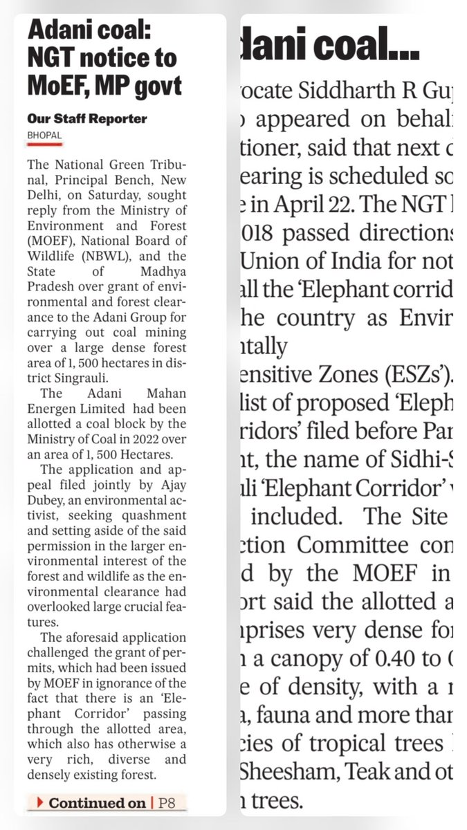 Ajaydubey9's tweet photo. NGT has sought an explanation from the Centre and madhya pradesh govt on why the #Singrauli-Sidhi #elephant corridor remains unnotified despite prior commitments #coalblock
@byadavbjp @moefcc @PMOIndia @CollectorSGL @CMMadhyaPradesh https://t.co/xezhz3ezeu