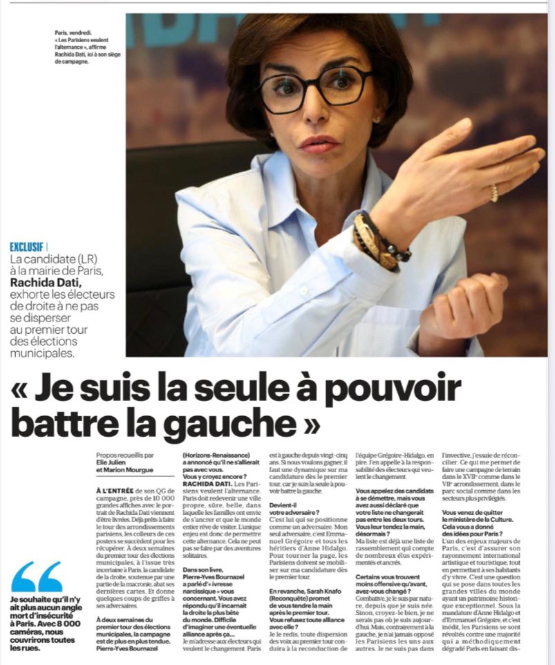 Entretien très dense de Dati #LeParisien 
Une candidate apaisée, sereine et déterminée ! Elle avance avec son équipe pour #changerqparis ! Elle est l’espérance de l’alternance ! En avant ! MM