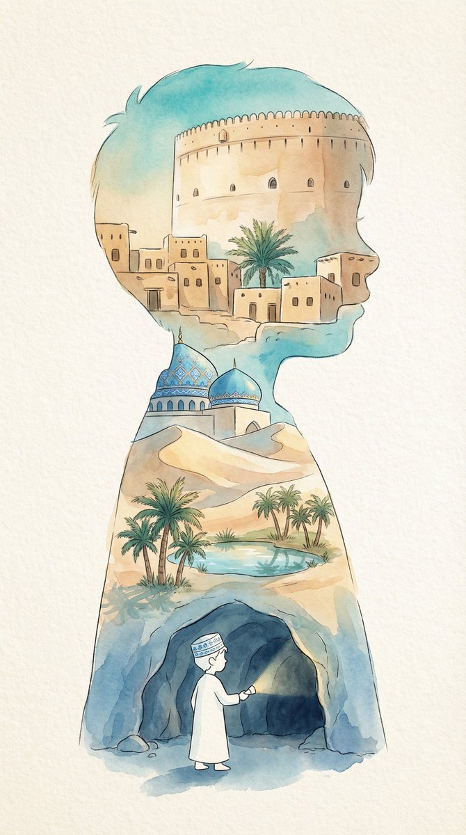 Q_Alzeidi's tweet image. #ai #AIart  Prompt 
/imagine prompt: A soft watercolor illustration of a child silhouette shape filled with Omani heritage scenery, inside the silhouette detailed landscapes of Nizwa Fort, traditional mud houses, blue mosque domes, desert dunes, palm trees, and a small oasis