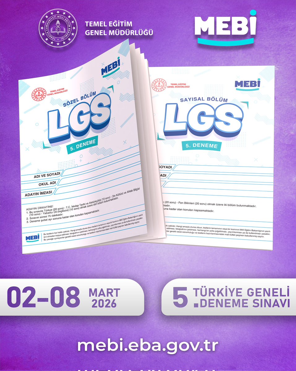 LGS hazırlığında hız kesmiyoruz! 🏁

5. Çevrim içi denememiz MEBİ'de seni bekliyor.
📌Doğru-yanlışlarını anında gör
📌Puanını öğren
📌Türkiye geneli yüzdelik dilimini keşfet

🗓️02-08 Mart
🔗mebi.eba.gov.tr

<a href="/tcmeb/">Millî Eğitim Bakanlığı</a> 
<a href="/Yusuf__Tekin/">Yusuf Tekin</a> 
<a href="/farukyelkenci/">Ömer Faruk Yelkenci</a> 
<a href="/ebubekirsavasci/">Ebubekir Sıddık Savaşçı</a>