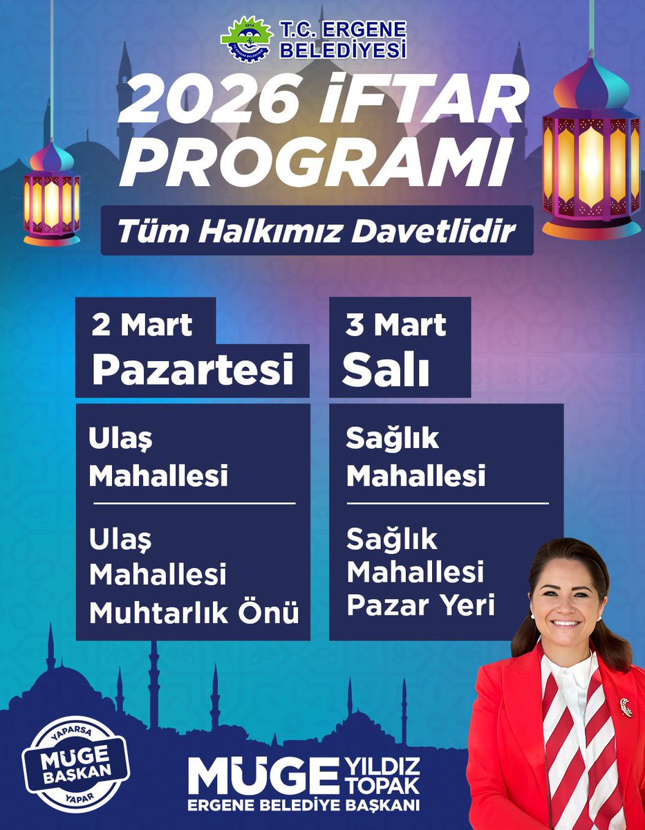 MugeYildizTopak's tweet photo. 🌙🤍 RAMAZAN AYI’NIN BEREKETİNİ HEP BİRLİKTE PAYLAŞIYORUZ 🤍🌙

11 ayın sultanı Ramazan’ın iftar sofralarımızı Ulaş ve Sağlık Mahallerimizde kuracağız.

Birlik ve beraberliğin en güzel yaşandığı bu mübarek ayda; aynı sofrada buluşmak, bizler için büyük bir mutluluk.

Tüm kıymetli hemşerilerimizi gönül soframıza davet ediyorum.

Ramazan’ın bereketini ve huzurunu birlikte paylaşalım.

📆 2 Mart Pazartesi 
📍 Ulaş Mahallesi
Ulaş Mahallesi Muhtarlık Önü 

📆 3 Mart Salı 
📍 Sağlık Mahallesi
Sağlık Mahallesi Pazar Yeri

#YaparsaMügeBaşkanYapar #ErgeneBelediyesi #MügeYıldızTopak #RamazanBereketi #GönülSofrası