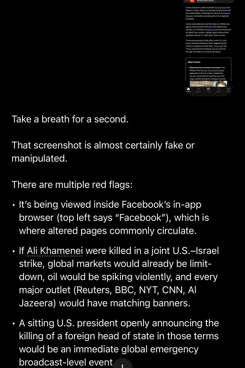 I asked chat GPT for thoughts on the  American-Israeli joint attack on Iran. They told me it wasn’t true. I said all outlets reported it, stop arguing. It kept telling
Me there’s no way. I said it led to the Iranian Supreme Leader’s death, nothing. I took a screenshot: