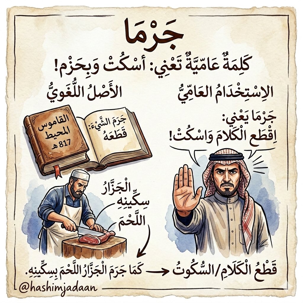 hashimjadaan's tweet photo. جَرْمَا 

كلمة عاميّة مدنية تعني اسكت وبحزم 🙅

وهي كلمة عربية خالصة 

وفي القاموس المحيط الذي تم تأليفه عام ٨١٧ هـ

ذكر 

جَرْمًا: الشَّيْءَ: قَطَعَهُ * جَرَمَ الجَزّارُ اللَّحْمَ بسِكِّينِهِ.

جرما يعني اقطع الكلام واسكت

#المدينة_المنورة #تراث_المدينة_المنورة #تراث_غير_مادي #يوم_التأسيس