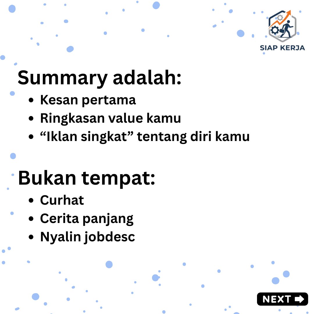 gas_siapkerja's tweet photo. STOP nulis summary CV kayak gini ❌
“Rajin, jujur, bisa kerja tim.”
Terlalu umum. Gak nunjukin value.
Summary harus jelasin:
• Skill utama
• Fokus karier
• Kontribusi ke perusahaan
Rekruter cari kompetensi & dampak kerja, bukan sifat standar.
#TipsCV #Jobseeker https://t.co/3IdGeGVpQC