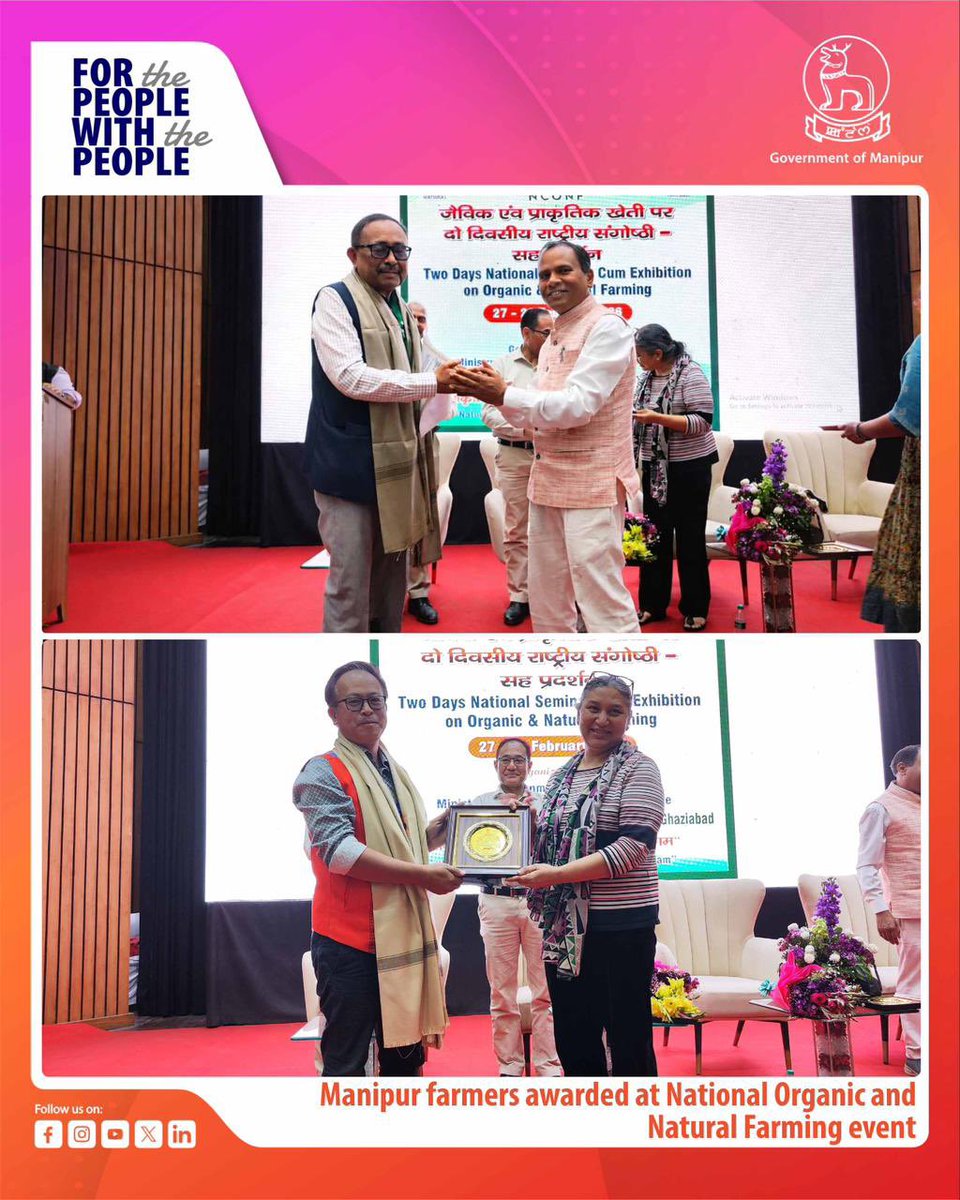 govt_of_manipur's tweet photo. Two progressive farmers from Manipur - Shri Laishram Gokulchandra Singh of Bishnupur district and Shri Napoleon Shaiza of Kamjong district were felicitated by the National Centre for Organic and Natural Farming (NCONF), Ghaziabad, for their outstanding contribution in the field of Organic and Natural Farming.

The honour was conferred during the valedictory function of the two-day National Seminar-cum-Exhibition on Organic and Natural Farming held on 27–28 February 2026 at Ghaziabad, Uttar Pradesh.

A delegation of seven farmers from different districts of Manipur, led by officials of the Department of Agriculture, Manipur, Government of Manipur participated in the programme. The seminar brought together progressive farmers, experts, policymakers and stakeholders from across the country to deliberate on sustainable, eco-friendly and natural agricultural practices.

The recognition brings honour to the State and highlights Manipur’s growing contribution towards promoting sustainable, chemical-free agriculture in line with the national vision for environmentally responsible farming.

#GovernmentOfManipur #OrganicFarming #NaturalFarming #SustainableAgriculture #FarmersOfManipur #AgricultureDevelopment