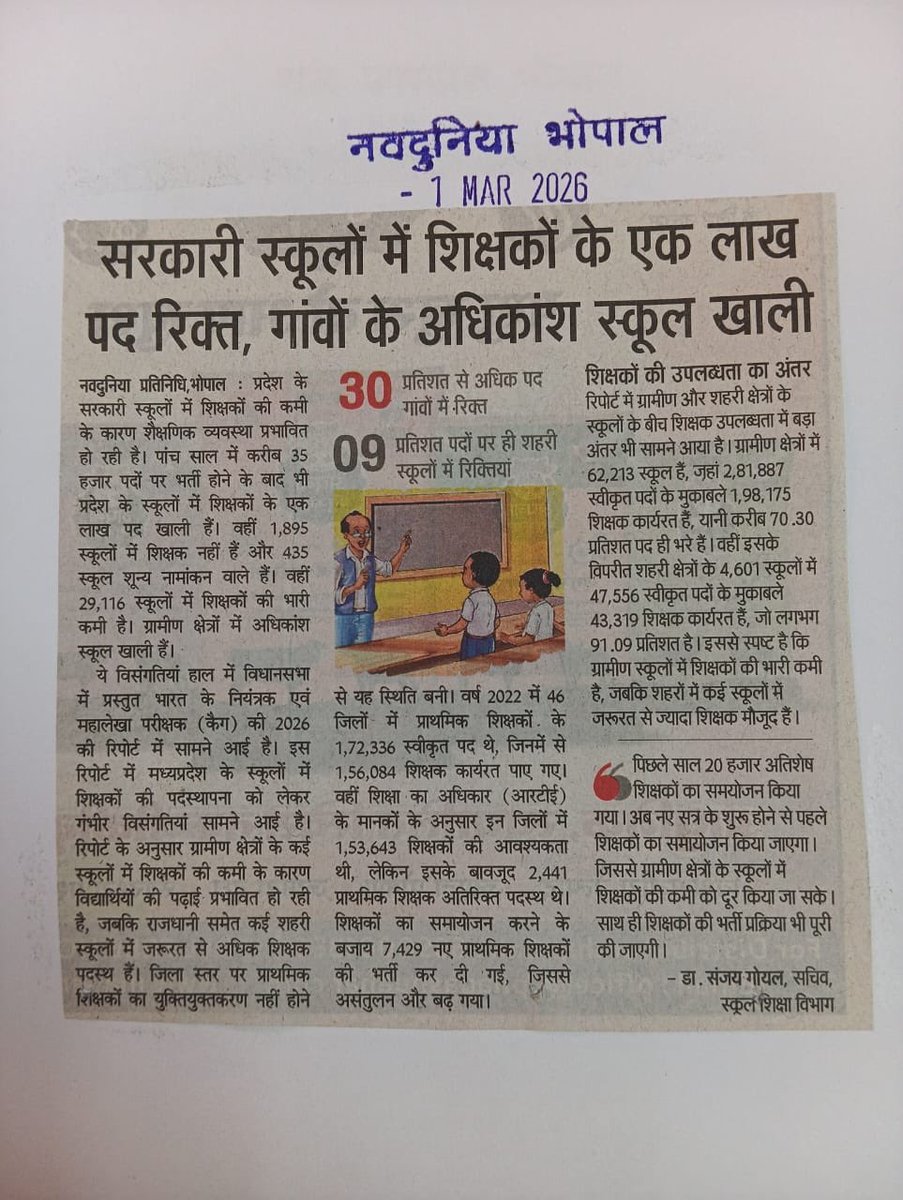 HIRA_ALAWA's tweet photo. मध्यप्रदेश के सरकारी स्कूलों की वास्तविकता बेहद चिंताजनक है। विधानसभा में प्रस्तुत भारत के नियंत्रक एवं महालेखा परीक्षक (कैग) की 2026 की रिपोर्ट ने शिक्षा व्यवस्था की पोल खोल दी है। रिपोर्ट के अनुसार प्रदेश में शिक्षकों के लगभग एक लाख पद रिक्त हैं। 1,895 स्कूल ऐसे हैं जहाँ एक भी शिक्षक पदस्थ नहीं है और 435 स्कूल शून्य नामांकन वाले हैं। 29,116 स्कूलों में शिक्षकों की भारी कमी दर्ज की गई है।

ग्रामीण क्षेत्रों की स्थिति सबसे खराब है—62,213 ग्रामीण स्कूलों में केवल 70% पद भरे हैं, जबकि शहरी स्कूलों में 91% पद भरे हुए हैं। यानी गांवों के बच्चे आज भी शिक्षकविहीन कक्षाओं में पढ़ने को मजबूर हैं। वर्ष 2022 में 46 जिलों में 1,72,336 स्वीकृत प्राथमिक पदों में से 1,56,084 शिक्षक कार्यरत थे, जबकि आरटीई मानकों के अनुसार 1,53,643 की आवश्यकता थी। इसके बावजूद 2,441 शिक्षक अतिरिक्त पदस्थ पाए गए और 7,429 नई भर्ती कर दी गई—बिना युक्तियुक्तकरण के।

यह सिर्फ आंकड़ों का मामला नहीं, बल्कि ग्रामीण बच्चों के भविष्य से खिलवाड़ है। सरकार को तत्काल पारदर्शी समायोजन, रिक्त पदों पर शीघ्र भर्ती और ग्रामीण स्कूलों को प्राथमिकता देने की ठोस कार्ययोजना लानी चाहिए। शिक्षा व्यवस्था में संतुलन और जवाबदेही अब अनिवार्य है।
@JansamparkMP