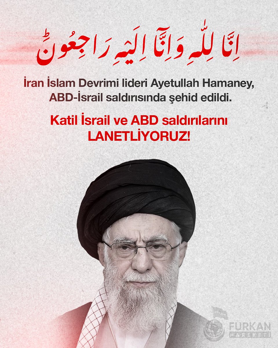 İnna Lillah ve İnna İleyhi Raciûn

İran İslam Devrimi lideri Ayetullah Hamaney, ABD-İsrail saldırısında şehid edildi.

Katil İsrail ve işgalci ABD saldırılarını LANETLİYORUZ!

#Khamenei #Tehran #savaş