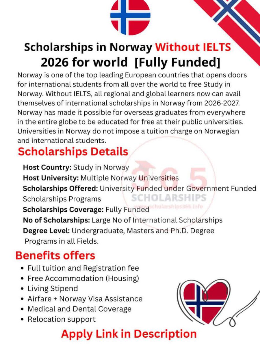 scholarship_365's tweet photo. Norway is one of the top leading European countries that opens doors for international students from all over the world to free Study in Norway. Without IELTS, all regional and global learners now can avail themselves of international scholarships in Norway from 2026-2027. 

These comprehensive Norway scholarships typically cover tuition, living expenses, and travel, opening doors for undergraduate, master's, and PhD candidates.

No Agent - Direct Apply

👉Apply Link: https://t.co/hRrMRozkCF

Good Luck!

Deadline: Multiple Deadlines

#scholarships365 #study_in_norway #StudyInNorway #norway_scholarships #study_abroad_scholarship #studyabroad #scholarships #scholarship