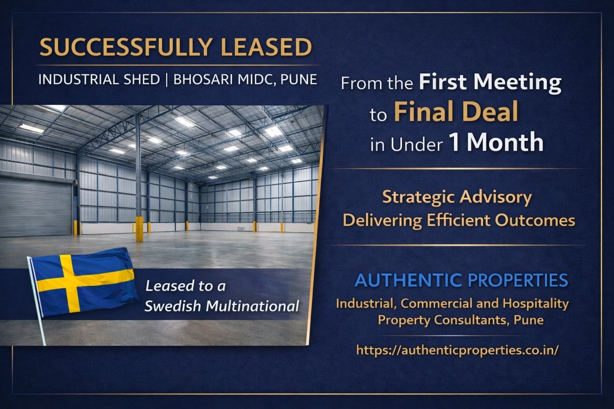 🏢 Successfully Leased | Industrial Shed | Bhosari MIDC, Pune. 
We are pleased to share that Authentic Properties has successfully leased an industrial shed in Bhosari MIDC, Pune to a Swedish multinational company.
For corporate leasing in Pune, connect with us.