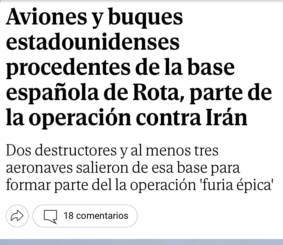 EEUU ha utilizado la base de Rota para su ataque ilegal a Irán. Es evidente que si ningún país les dejase usar sus bases militares no podrían cometer estos crímenes. Por eso hay que salir de la OTAN ya. Nadie en España quiere ayudar a EEUU e Israel a sembrar el terror