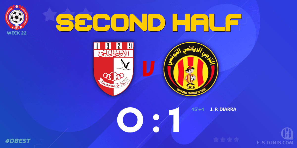 ESTuniscom's tweet photo. ⏱ 46' | #Ligue1Tn🇹🇳 Week 22 #OBEST | #OlympiqueBeja 0⃣-1⃣ @ESTuniscom : The second half kicks off / بداية الشوط الثاني / Coup d'envoi de la seconde période https://t.co/7akCmhhNni