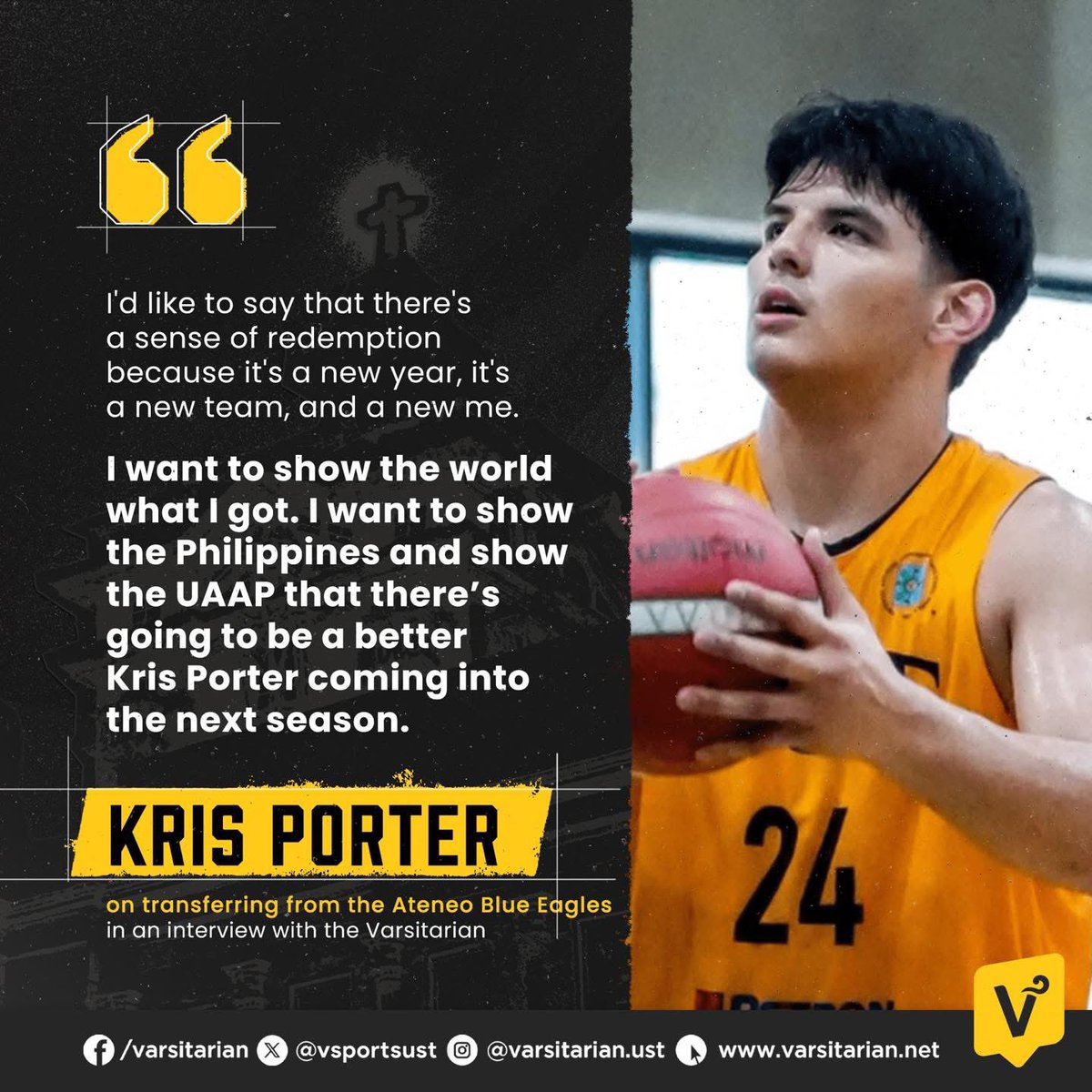 EX-BLUE EAGLE KRIS PORTER SEEKS REDEMPTION IN TRANSFER TO UST 🐯

Kris Porter, who transferred from Ateneo to UST in June 2025, is looking to showcase an improved version of himself for the Tigers when he returns to the UAAP court in Season 89.

READ: varsitarian.net/sports/basketb…