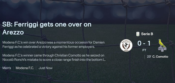 Ferriggi97's tweet photo. Back at my former home.

No noise. No drama. Just a 1–0 win and three important points. 🟡🔵

#FM26 #ModenaFC #SerieB https://t.co/00nTfSpokp