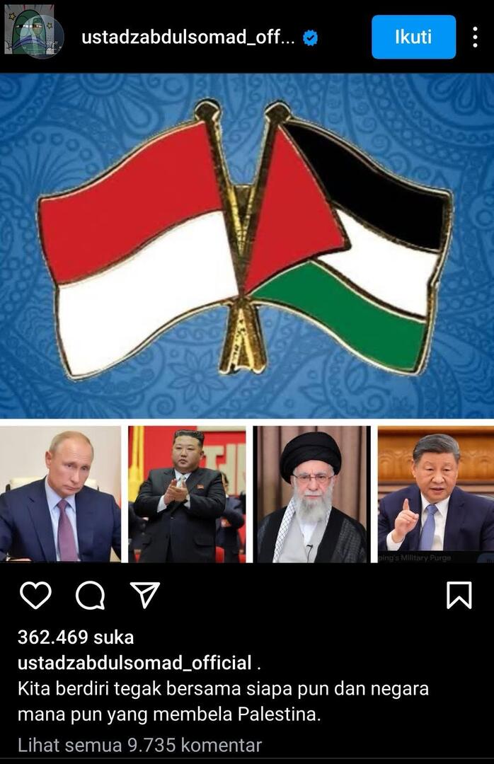 💚 Postingan Ustadz Abdul Somad.
“Kita berdiri tegak bersama siapa pun dan negara mana pun yang membela Palestina.”
🇮🇩🇵🇸🇮🇷