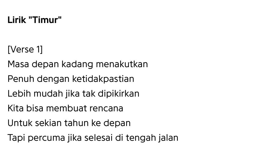 Lagi dengerin Timur-nya The Adams

Liriknya relate sama kondisi gue sekarang. Kadang terlalu pusing mikirin masa depan, sampe lupa buat hidup hari ini dulu. Makan aja sering lupa 🥀

Baca berita suka overthink yg ga perlu, padahal 2 hari lagi meninggal siapa yg tau

Gimana ya