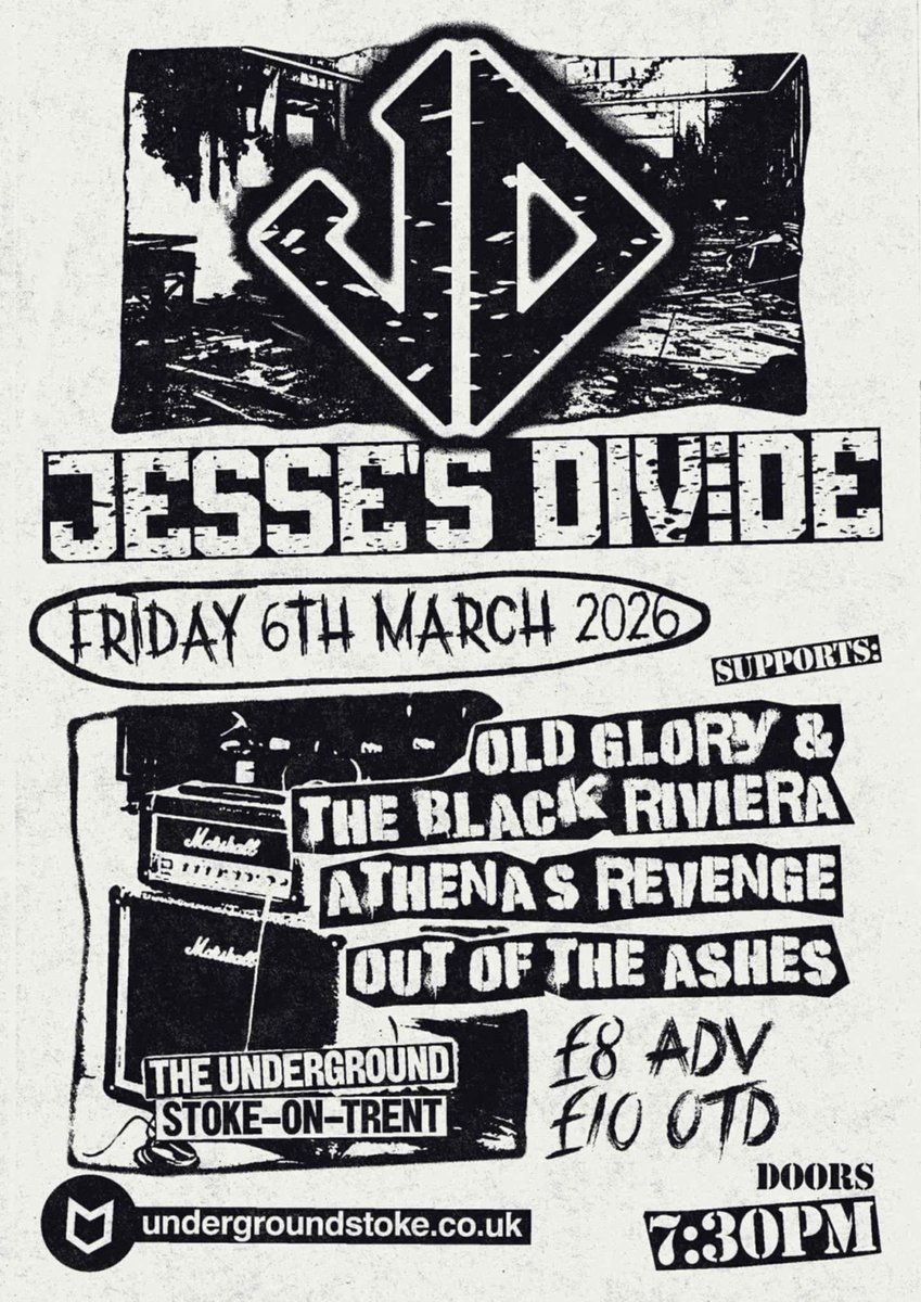 OldRiviera's tweet photo. Friday 6th March @JessesDivide, ourselves, @AthenasR and Out Of The Ashes takeover @undergroundsot! 
This is just around the corner, so kick off the #weekend right with a night of #rocknroll!
Tickets: https://t.co/iMtsSVabD6
#Stoke #music #rock https://t.co/xvDLX0XGTD
