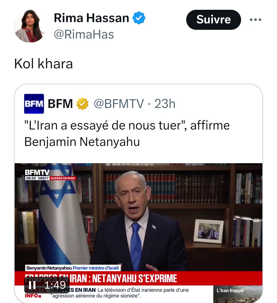 Cette salope a essayé d'écrire en soit disant hébreu phonétique une insulte, en espérant ne pas être démasquée. 

"Kol khara", textuellement:
Tout de la merde.

Elle en est là, cette "parlementaire"! 

At mamach htithet khara gdola 😤
<a href="/RimaHas/">Rima Hassan</a>