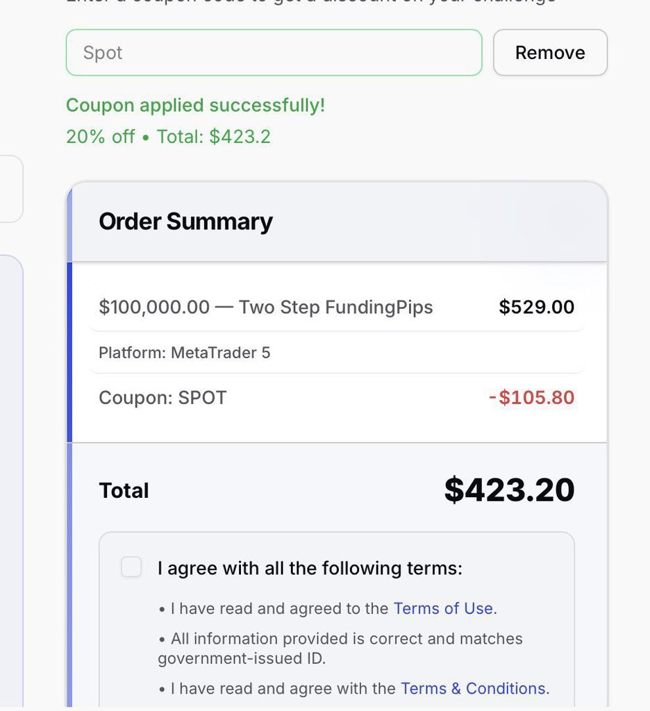 🚨 EXCLUSIVE SPOT OFFER 🚨

Get 20% OFF on all FundingPips challenges;

🗓 March 1-15
🎟 Code: SPOT

🎁 FREE account upon your first payout 🎁

Drop '🖤' for a free $5k FundingPips account!

BUY HERE- app.fundingpips.com/register?ref=S…