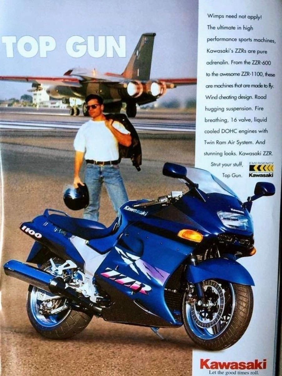 Retromania4ever's tweet image. #Vintage #advertisement for the #Kawasaki ZZR motorcycle series. 
It featured a liquid-cooled, 16-valve, DOHC engine with a Twin Ram Air System for high performance. Upon its introduction in 1990, the ZZR1100 was recognized as one of the world's fastest motorcycles.