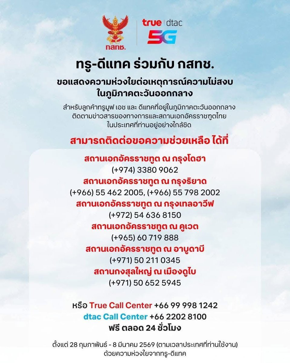 เบอร์ติดต่อของผู้ที่ใช้มือถือค่ายแดงฟ้าเขียวแล้วโรมมิ่งอยู่ในตะวันออกกลางเวลานี้ ทั้งหมดฟรี