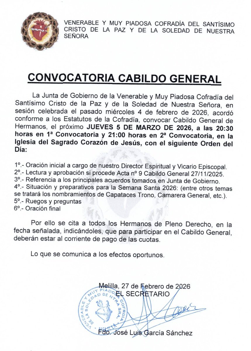 Convocatoria Cabildo General de
Hermanos, el próximo JUEVES 5 DE MARZO DE 2026, a las 20:30 horas en 1ª Convocatoria y 21:00 horas en 2ª Convocatoria, en la Iglesia del Sagrado Corazón de Jesús.