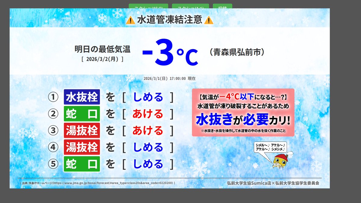 Sumica6's tweet photo. 【水道管凍結防止】
明日の最低気温は-3°Cです！

水抜きを忘れずに！
#弘大生協Sumica店 #水抜き #凍結 #最低気温 https://t.co/tiRBIkNZFA