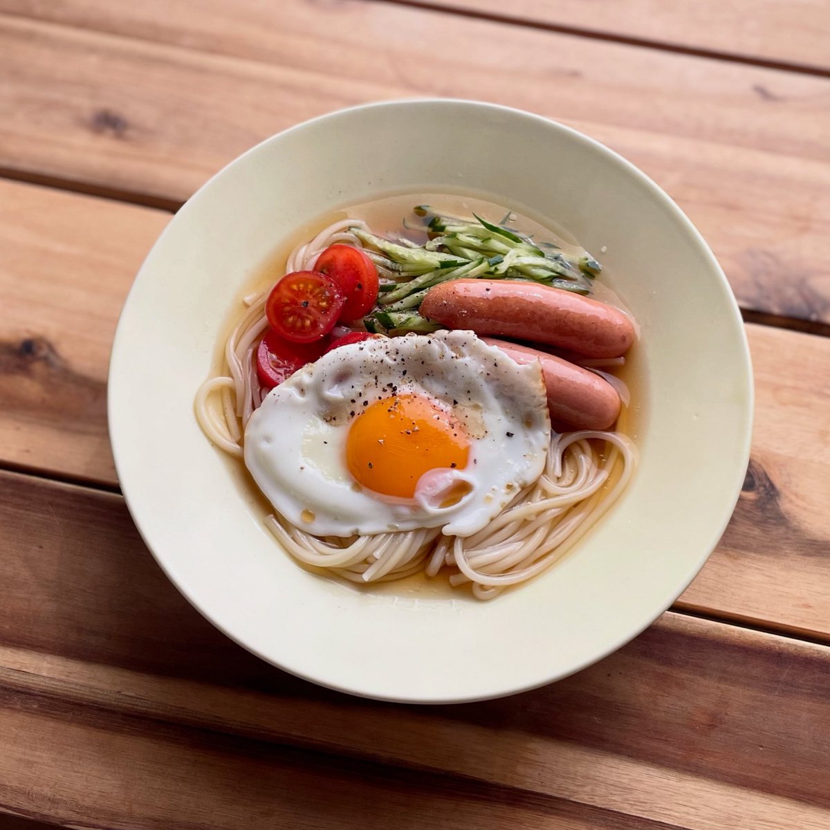 #今日のそうめん [1767日目]

毎日食べられるくらいおいしい、ソーセージエッグそうめん。
のせるだけなんだけど、なんでこんなに美味しいんだろう。ハムソテーや生ハムでも。
今日は暖かかったから冷たくしたけど、にゅうめんでも🙆‍♀️
レシピ本「今日のそうめん」の表紙にもなっています。
#朝ごはん