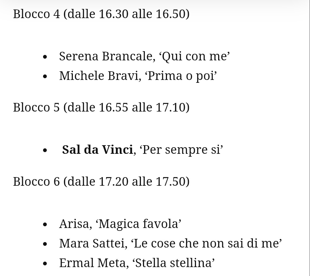 lunadelsecolo's tweet photo. 🔴SCALETTA DOMENICA IN🔴
[fonte: superguidatv]
#Sanremo2026 #DomenicaIn https://t.co/tAwrIL6URK