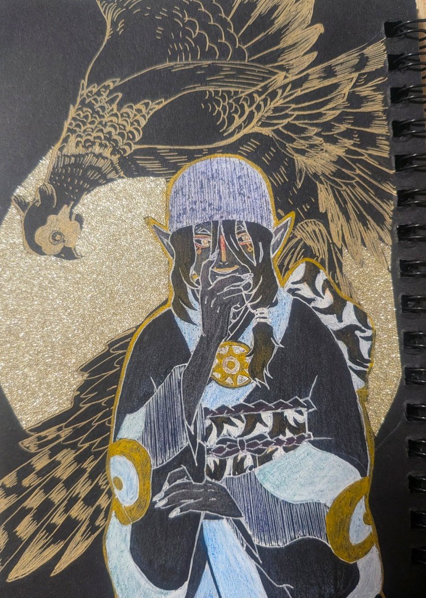 黒い紙のノート買ったから描いてみたけど…思ってたのと違う完成図になった。
デジタルで描き直す。