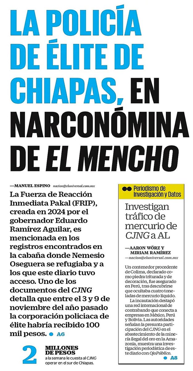 ¡Zas!

El ejército no revisó bien la cabaña donde estaba El Mencho.

¿Y que creen? 

Los de <a href="/El_Universal_Mx/">El Universal</a> encontraron su nómina y ahí viene que también les pagaba a la nueva policía de élite de Chiapas.

En una semana les dio...
¡ 100 mil pesos !

"Entre el 3 y 9 de noviembre