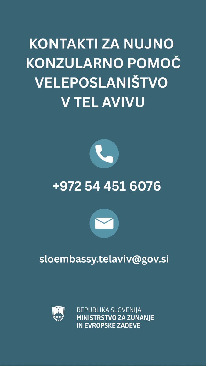 MZEZ_RS's tweet photo. ‼️ [NUJNA KONZULARNA POMOČ SLOVENKAM IN SLOVENCEM, KI SE NAHAJAJO NA BLIŽNJEM VZHODU] 

☎️ Za nujno konzularno pomoč se obrnite na pristojno predstavništvo 🇸🇮 v tujini (Združeni arabski emirati, Izrael, Egipt) ⬇️ ali na našo dežurno službo:
01 478 22 19. 

✈️ Zračni prostor v nekaterih državah je začasno zaprt, zato prihaja do odpovedi letov. Glede na razmere obstaja možnost, da se bo zaprl tudi zračni prostor v Saudovi Arabiji in Omanu. 

👉 V primeru odpovedi leta se za nadaljnje napotke obrnite na turistično agencijo, s katero potujete, ali na letalsko družbo. 

🏢 Zaradi zračnih napadov je poslovanje veleposlaništev Slovenije v Tel Avivu & Teheranu omejeno le na nujno pomoč.

🤝 V teh izrednih okoliščinah z veseljem pomagamo vsem, ki ste obtičali v regiji. Skupaj s sodelavci v tujini si prizadevamo, da v čim krajšem roku pomagamo z informacijami in nasveti. 

🔗 Več informacij najdete na https://t.co/Esa1jvro4Z.