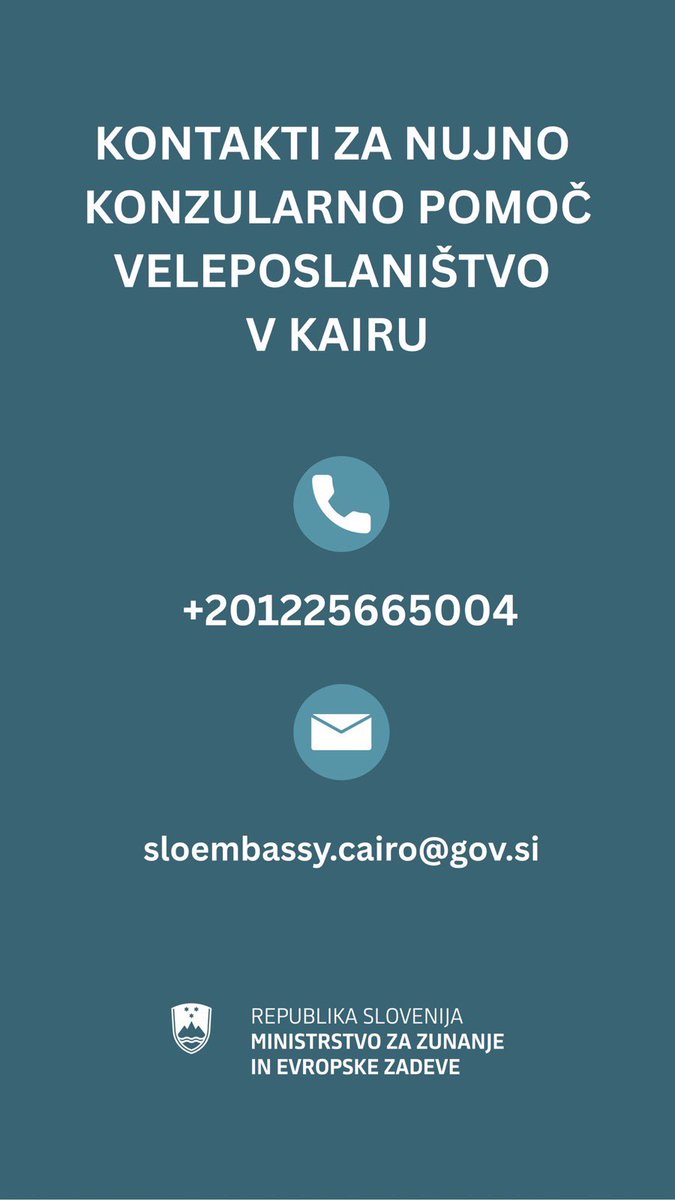 MZEZ_RS's tweet photo. ‼️ [NUJNA KONZULARNA POMOČ SLOVENKAM IN SLOVENCEM, KI SE NAHAJAJO NA BLIŽNJEM VZHODU] 

☎️ Za nujno konzularno pomoč se obrnite na pristojno predstavništvo 🇸🇮 v tujini (Združeni arabski emirati, Izrael, Egipt) ⬇️ ali na našo dežurno službo:
01 478 22 19. 

✈️ Zračni prostor v nekaterih državah je začasno zaprt, zato prihaja do odpovedi letov. Glede na razmere obstaja možnost, da se bo zaprl tudi zračni prostor v Saudovi Arabiji in Omanu. 

👉 V primeru odpovedi leta se za nadaljnje napotke obrnite na turistično agencijo, s katero potujete, ali na letalsko družbo. 

🏢 Zaradi zračnih napadov je poslovanje veleposlaništev Slovenije v Tel Avivu & Teheranu omejeno le na nujno pomoč.

🤝 V teh izrednih okoliščinah z veseljem pomagamo vsem, ki ste obtičali v regiji. Skupaj s sodelavci v tujini si prizadevamo, da v čim krajšem roku pomagamo z informacijami in nasveti. 

🔗 Več informacij najdete na https://t.co/Esa1jvro4Z.