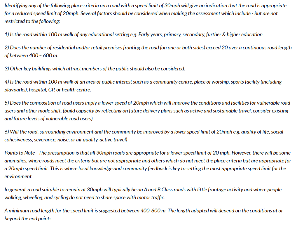 20splentyforus's tweet photo. In announcing the UKGov's Road Safety Strategy the English guidance on setting local speed becomes obsolete to be replaced with one based on a Safe System approach. This already exists as the Scottish criteria for 20mph as an urban/village norm as follows. See https://t.co/zaboIdXcIJ