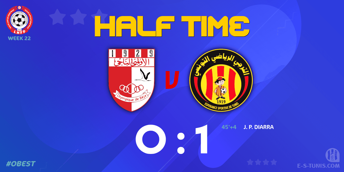 ESTuniscom's tweet photo. ⏱ HT | #Ligue1Tn🇹🇳 Week 22 #OBEST | #OlympiqueBeja 0⃣-1⃣ @ESTuniscom : End of the first half / نهاية الشوط الاول / Fin de la première période https://t.co/KLnl0MPKsK