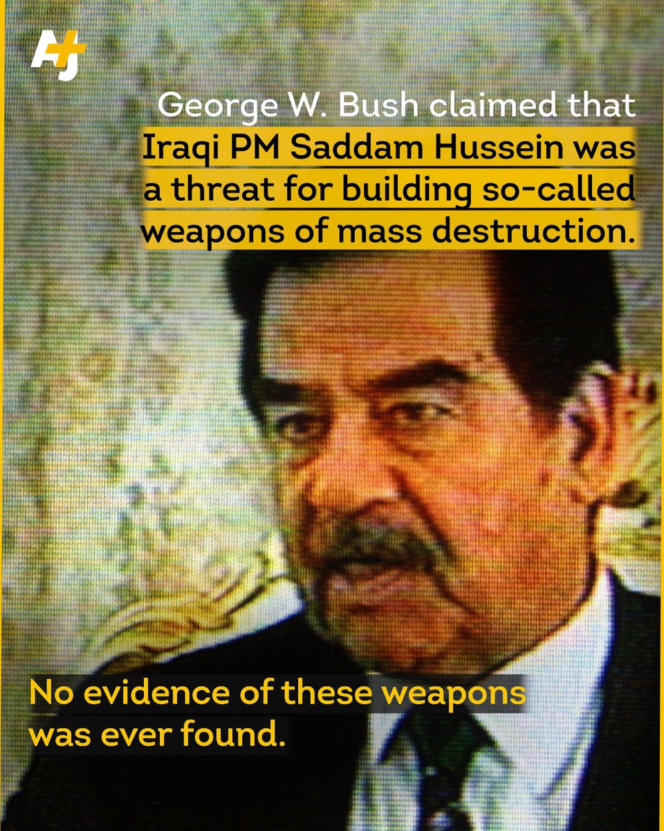 ajplus's tweet photo. The U.S. attacked Iran, claiming it has nuclear weapons. It doesn’t.

In 2003, George W. Bush, the U.S president at the time, invaded Iraq and accused it of having “weapons of mass destruction.” It also didn’t. https://t.co/1vFziKTCco