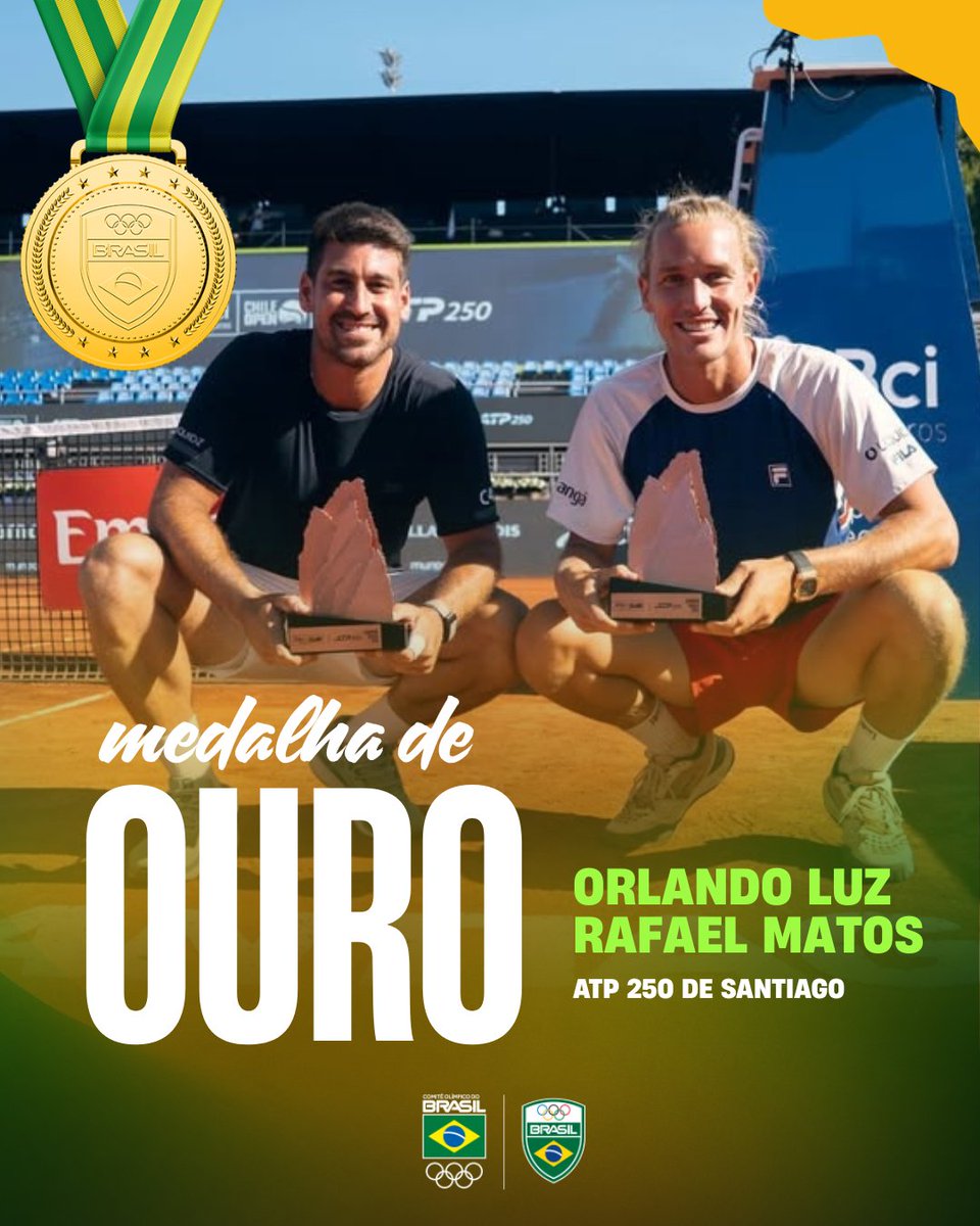 timebrasil's tweet photo. ELES DE NOVO! ✅️

Há duas semanas, Orlando Luz e Rafael Matos levantavam o troféu de campeões do ATP de Buenos Aires.

Em Santiago, não foi diferente! Lugar mais alto do pódio para a dupla brasileira de novo. 🇧🇷

Na final de duplas, eles venceram Ariel Behar e Matthew Romios por 2 a 0 (6/4, 6/3).

📷 Reprodução/@chileopen

#TimeBrasil #Tênis